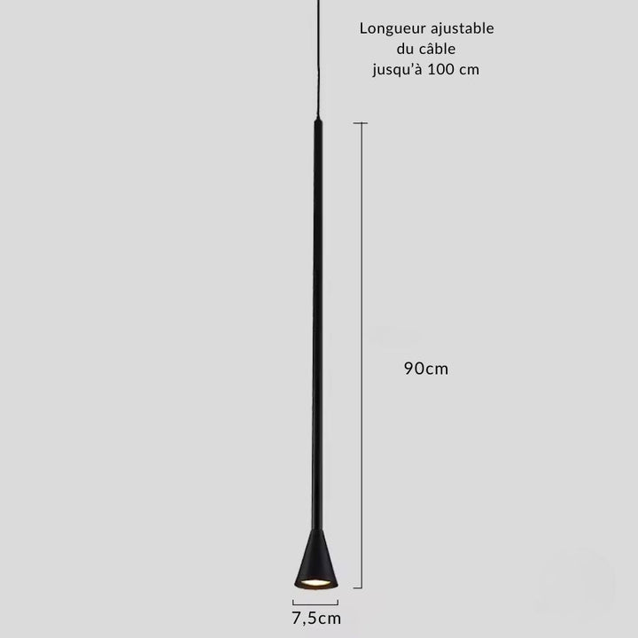 Version noire très élancée en métal, longue de 90 cm, avec diffuseur évasé au style minimaliste contemporain