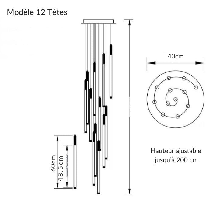 Suspension tube design 12 têtes avec agencement spiralé, pour grand volume avec plafond haut.