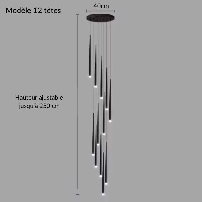 Suspension tube design noire LED à 12 têtes, idéale pour un espace à plafond très haut avec hauteur réglable jusqu’à 250 cm.