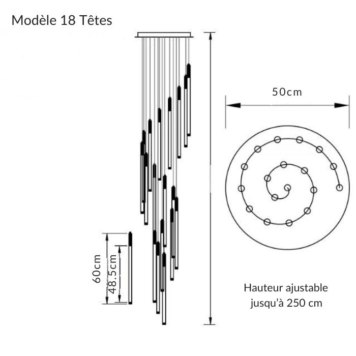 Suspension tube design moderne de 18 lumières, idéale pour escalier ou puits de lumière jusqu’à 2m50.