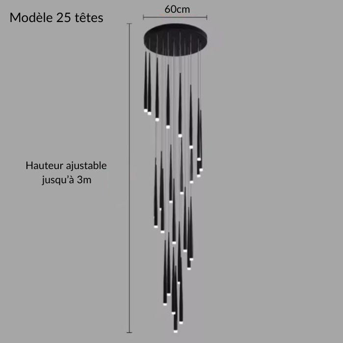 Suspension tube design noire LED à 25 têtes en spirale élégante, parfaite pour très grande hauteur sous plafond jusqu’à 3 mètres.