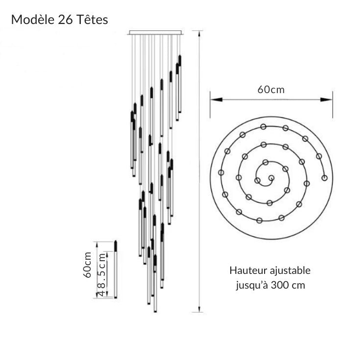 Suspension tube design de 26 tubes pour cage d’escalier, effet architectural et lumière sculpturale.
