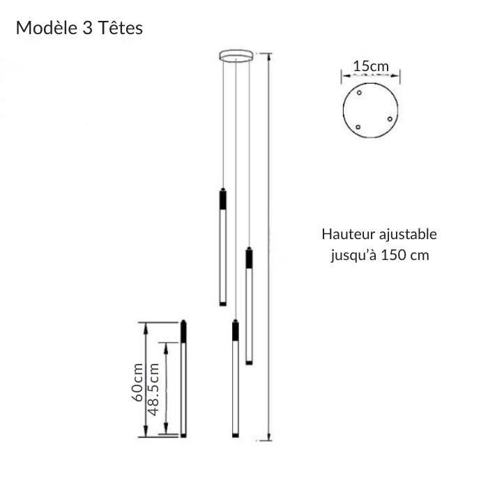 Suspension tube design à 3 têtes, hauteur réglable jusqu’à 150 cm, idéale pour petit escalier, salon, salle à manger, cuisine.
