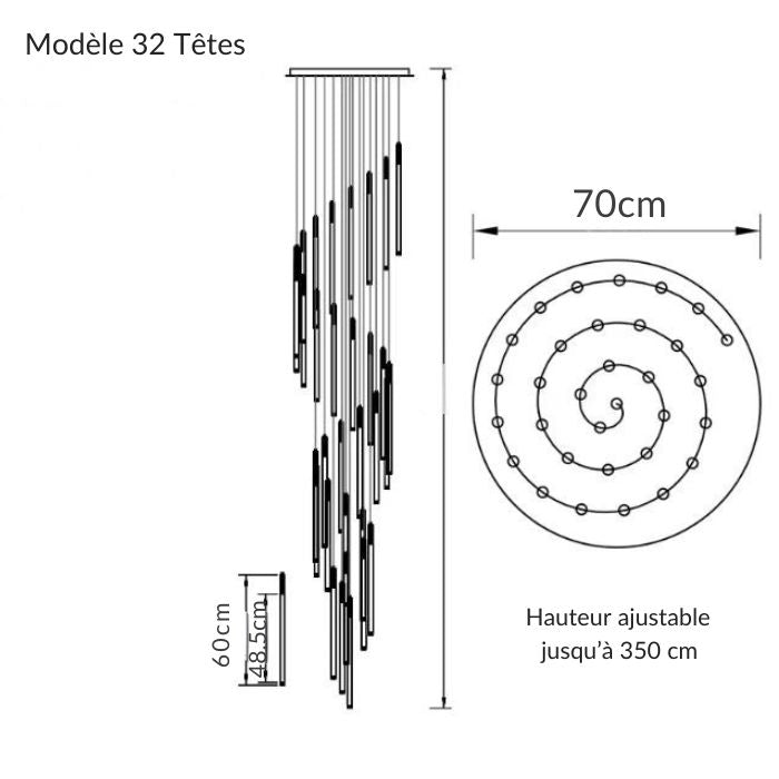 Suspension tube design 32 LED en spirale, idéale pour très grande hauteur sous plafond.