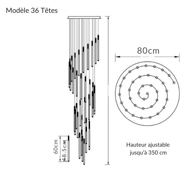 Grande suspension tube design à 36 tubes, au design haut de gamme pour vaste intérieur.