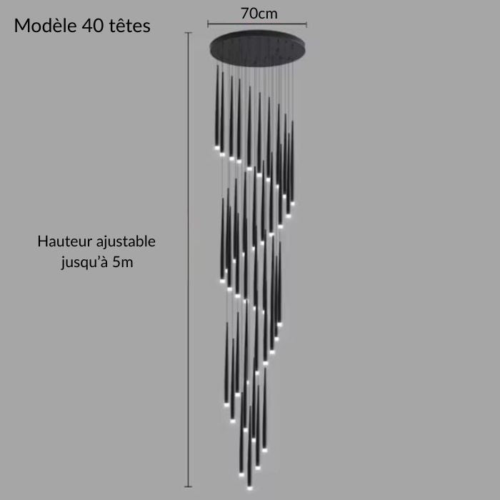 Suspension tube design en spirale noire à 40 lumières LED, parfaite pour une cage d’escalier moderne avec très grande hauteur.