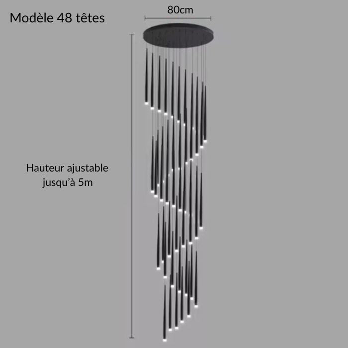 Suspension tube design noire à 48 lampes LED en spirale, idéale pour un intérieur contemporain avec très grande hauteur sous plafond.