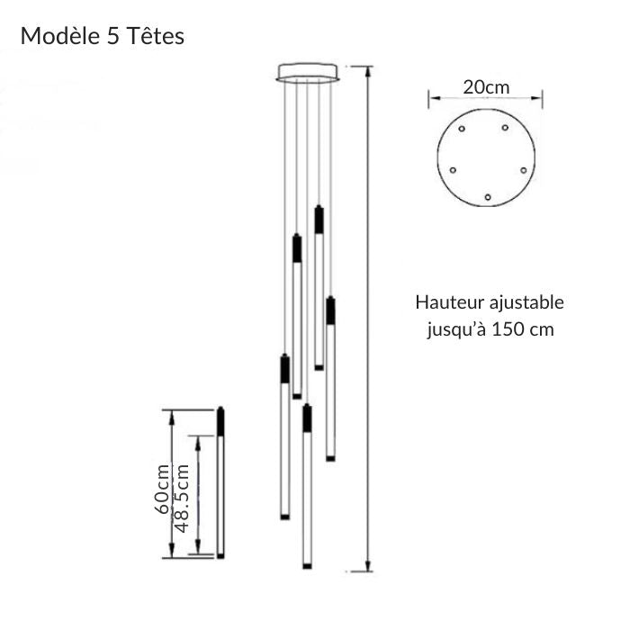 Modèle 5 lumières d'une suspension tube design, parfait pour entrée ou mezzanine moderne.