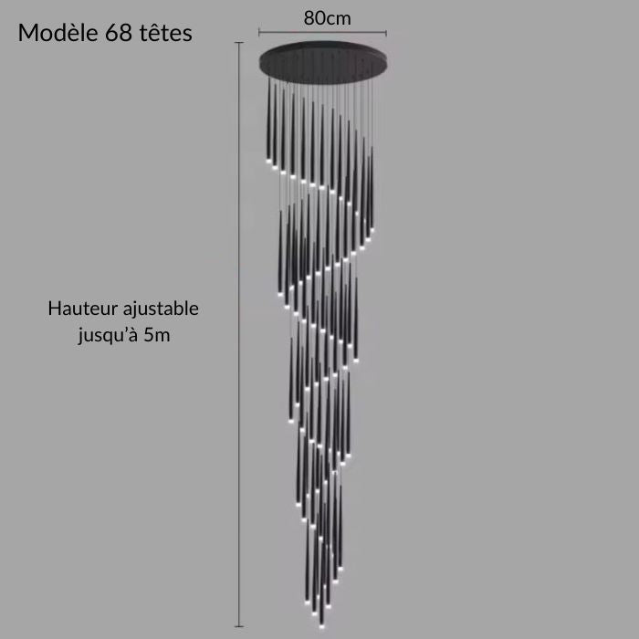 Suspension tube design XXL noire à 68 lampes LED en spirale, parfaite pour un escalier majestueux ou un plafond cathédrale.