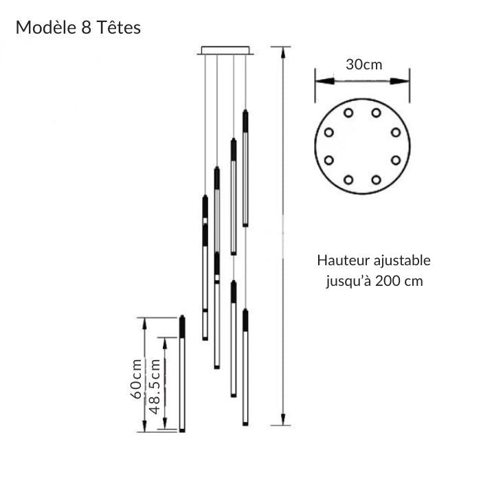 Suspension tube design à 8 tubes lumineux pour éclairer élégamment une cage d’escalier contemporaine, une entrée ou un salon.