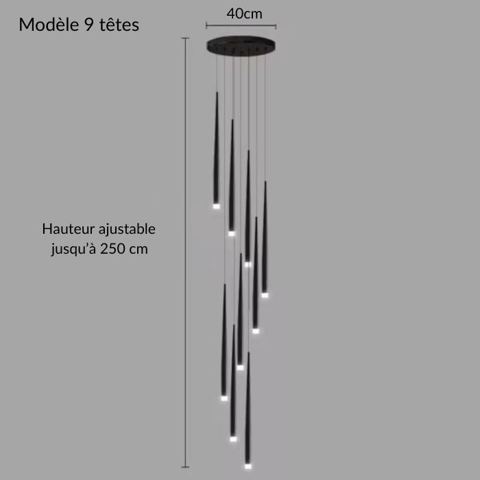Suspension tube design LED noire à 9 têtes, hauteur réglable jusqu’à 250 cm, parfaite pour grandes hauteurs sous plafond modernes.