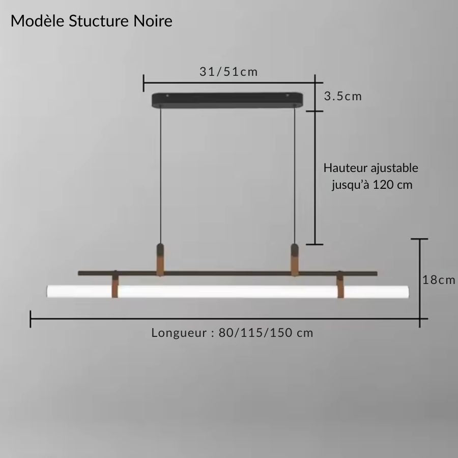 Suspension tube LED à structure noire, disponible en 80, 115 ou 150 cm avec hauteur ajustable jusqu’à 120 cm