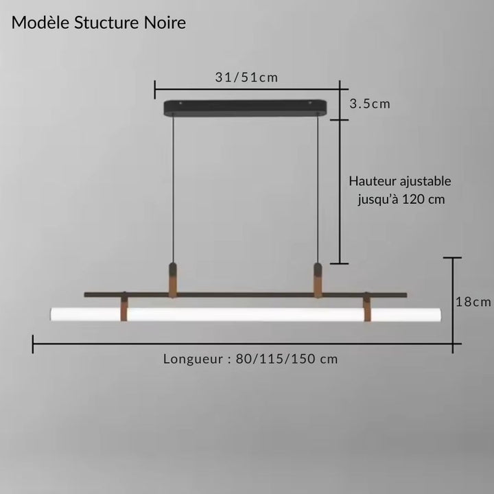 Suspension tube LED à structure noire, disponible en 80, 115 ou 150 cm avec hauteur ajustable jusqu’à 120 cm