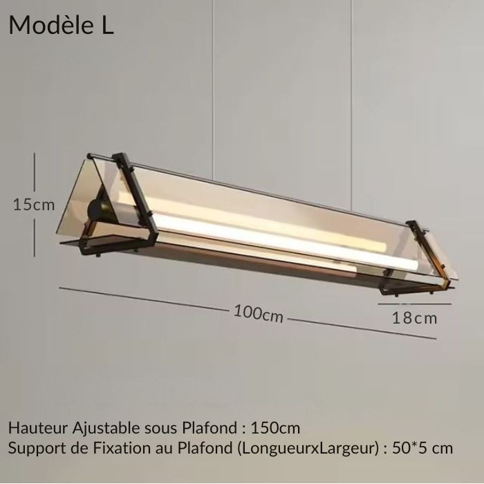 Suspension tube néon modèle L en verre et métal avec hauteur ajustable, parfaite pour une décoration élégante et moderne.