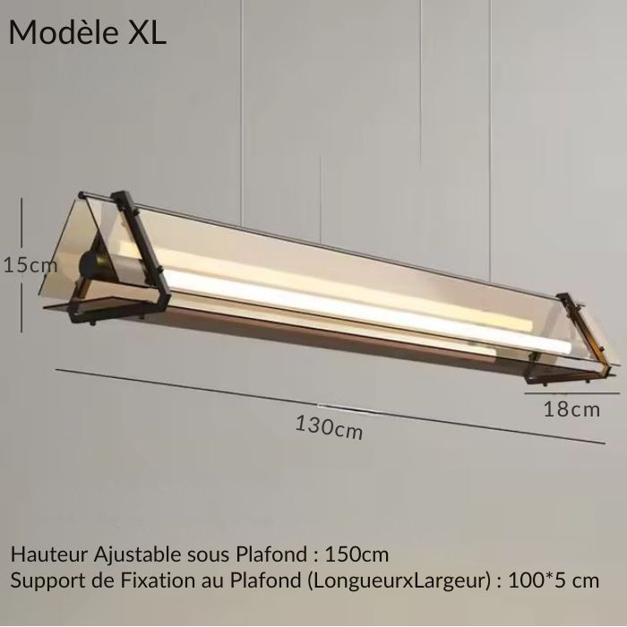 Suspension tube néon modèle XL mesurant 130 cm de longueur et hauteur ajustable, idéale pour un intérieur chic et moderne.