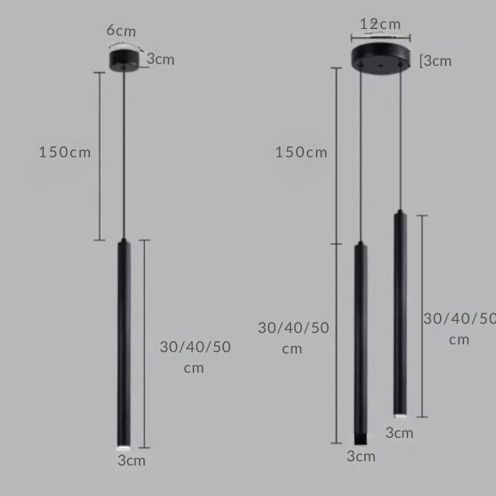 Schéma des dimensions et variantes pour suspension tube noir, avec options de longueur réglable et design moderne.