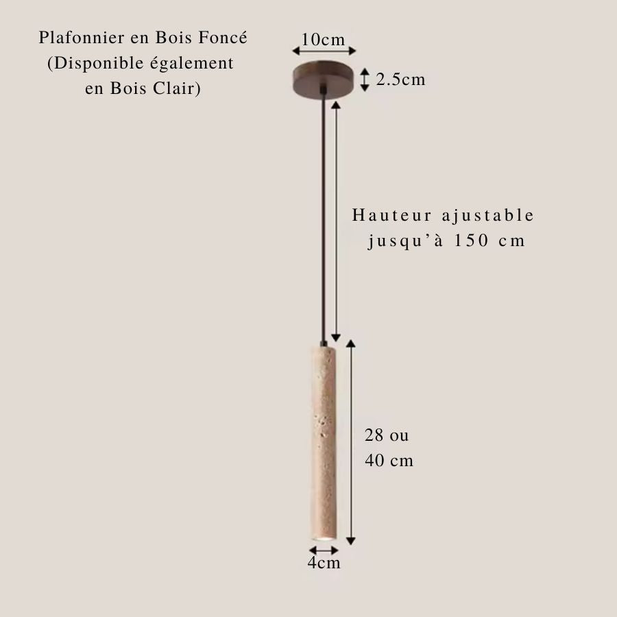 Dimensions de la suspension tube en travertin avec hauteur réglable et rosace en bois clair ou foncé