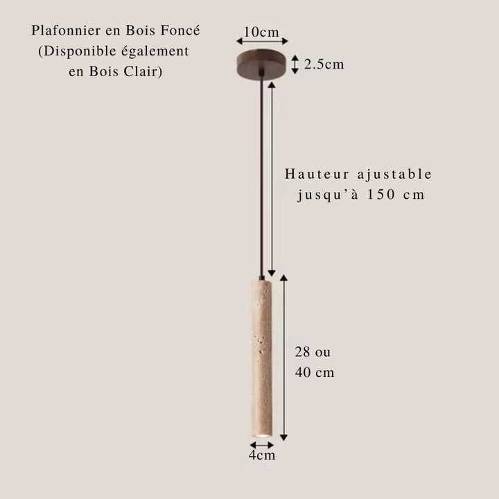 Dimensions de la suspension tube en travertin avec hauteur réglable et rosace en bois clair ou foncé