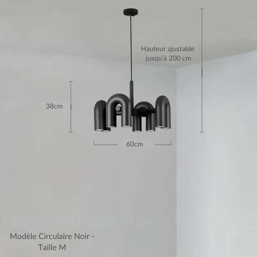 Suspension noire circulaire à tubes courbés en U, luminaire design moderne de 60 cm