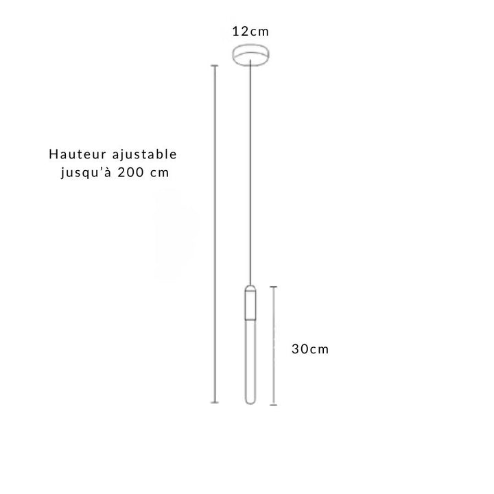 Suspension tubulaire dorée à diffuseur allongé de 30 cm, avec hauteur ajustable jusqu’à 200 cm