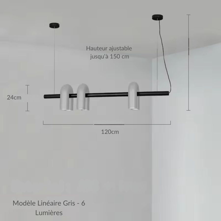 Suspension grise linéaire de 120 cm avec six éclairages tubulaires courbés, esthétique minimaliste