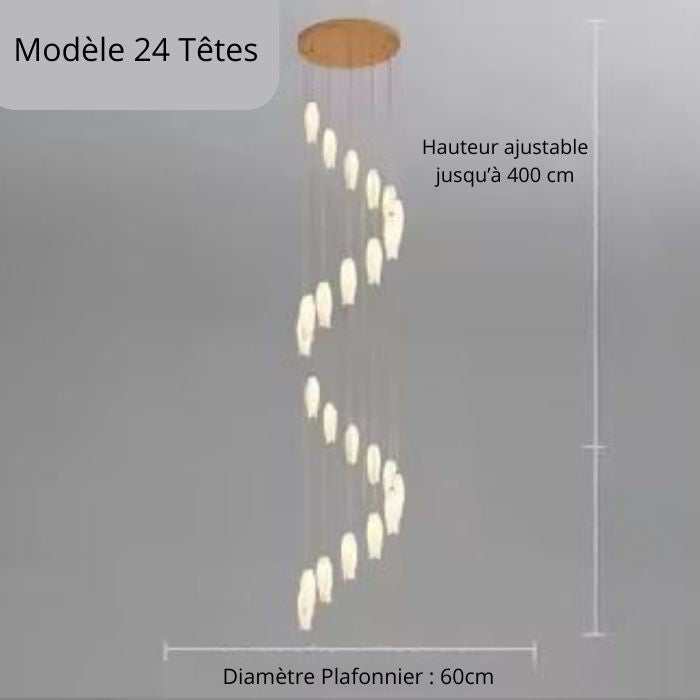 Suspension tulipe 24 têtes en céramique blanche idéale pour cage d’escalier au style majestueux et organique.
