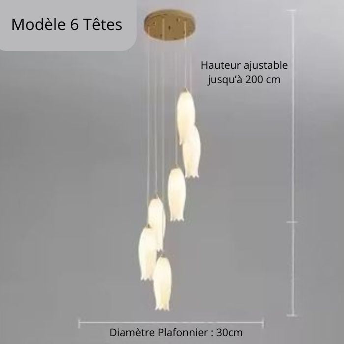 Suspension tulipe 6 têtes en céramique blanche avec câbles réglables au style épuré et contemporain.