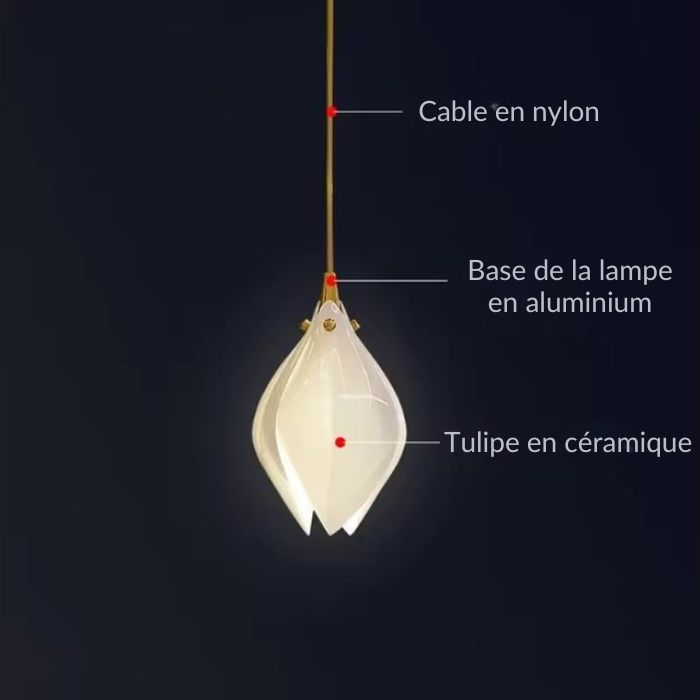 Détail de la suspension tulipe design, montrant le câble en nylon, la base en aluminium et la tulipe en céramique élégante.