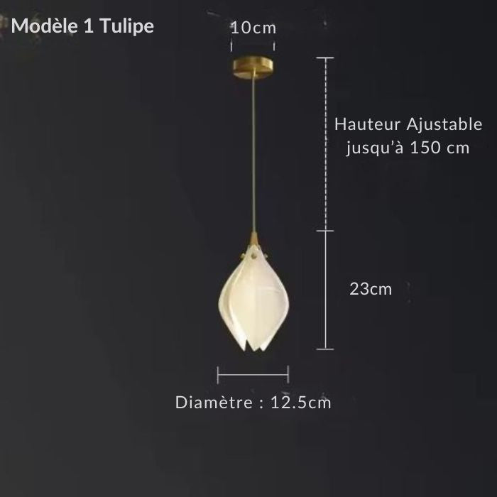 Dimensions détaillées du modèle 1 de la suspension tulipe avec hauteur ajustable et design élégant en céramique.