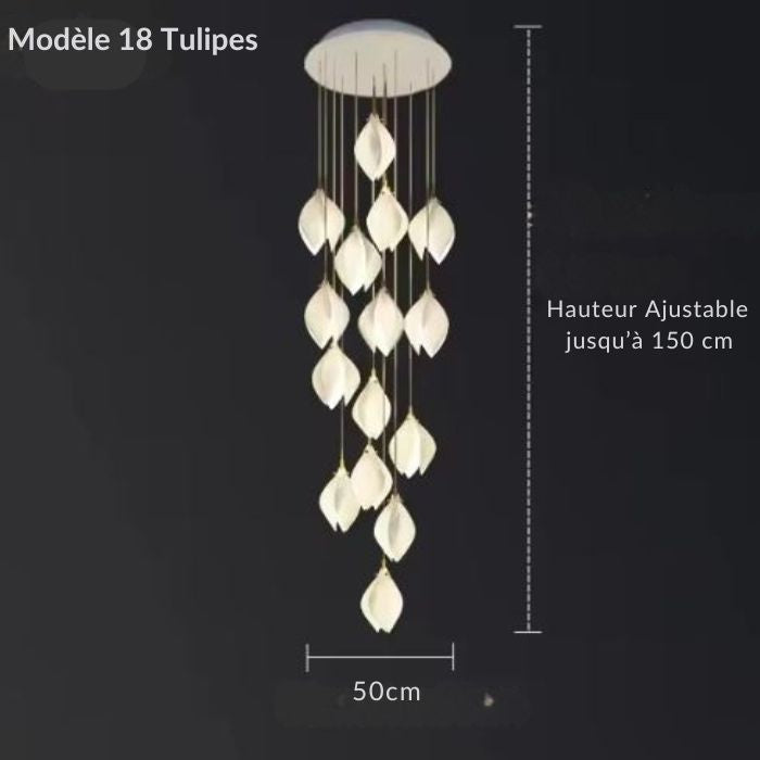 Suspension tulipe avec 18 abat-jours design en céramique, hauteur ajustable jusqu'à 150 cm, idéale pour grands espaces modernes.