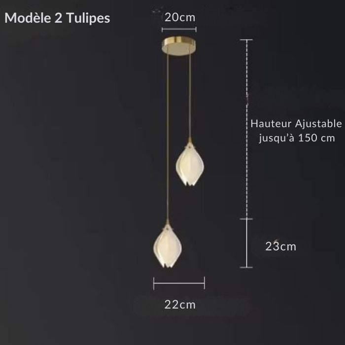 Dimensions du modèle 2 de la suspension tulipe en céramique avec deux lampes et hauteur ajustable jusqu'à 150 cm.