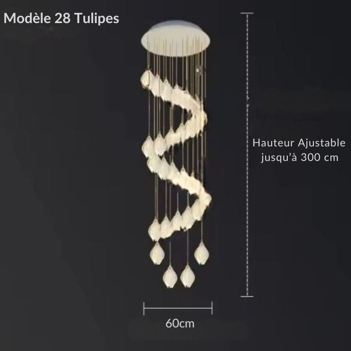 Suspension tulipe en spirale avec 28 abat-jours design, hauteur ajustable jusqu'à 300 cm, parfaite pour escaliers modernes.