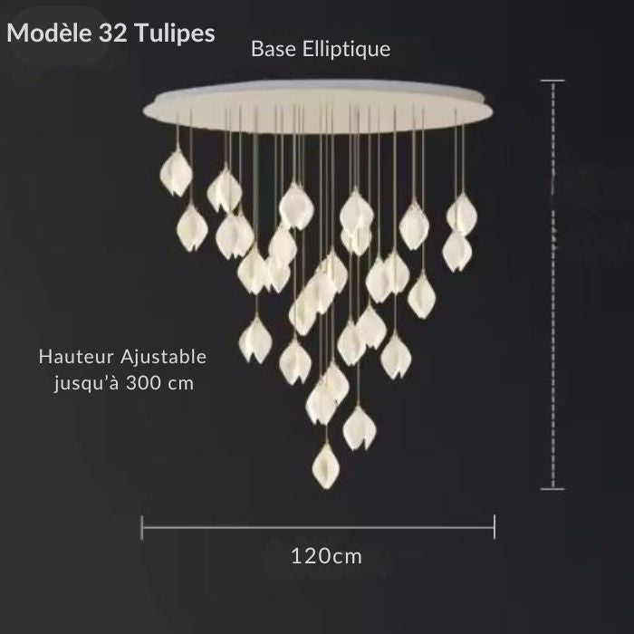 Suspension tulipe avec 32 abat-jours et base elliptique, design élégant, hauteur ajustable jusqu'à 300 cm, idéale pour grandes pièces.