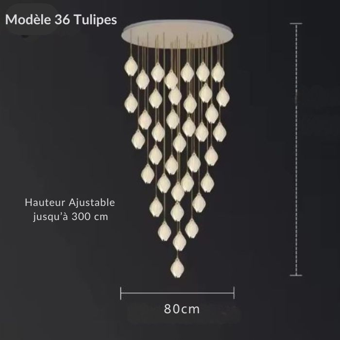 Suspension tulipe moderne avec 36 abat-jours élégants, hauteur réglable jusqu'à 300 cm, idéale pour sublimer de grands espaces.