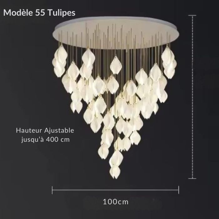 Suspension tulipe luxueuse avec 55 éléments, ajustable jusqu'à 400 cm, parfaite pour sublimer les grands espaces intérieurs.