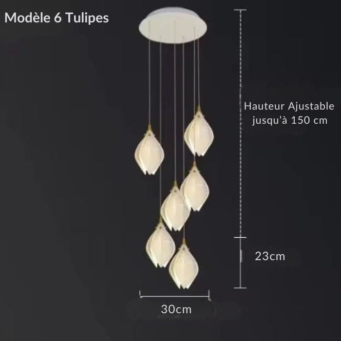 Modèle de suspension tulipe avec six abat-jours en céramique et hauteur ajustable jusqu'à 150 cm pour un style moderne.