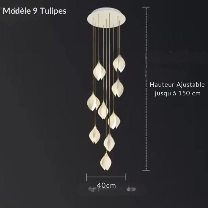 Suspension tulipe avec neuf abat-jours en céramique, hauteur réglable jusqu'à 150 cm, design élégant pour grands espaces.