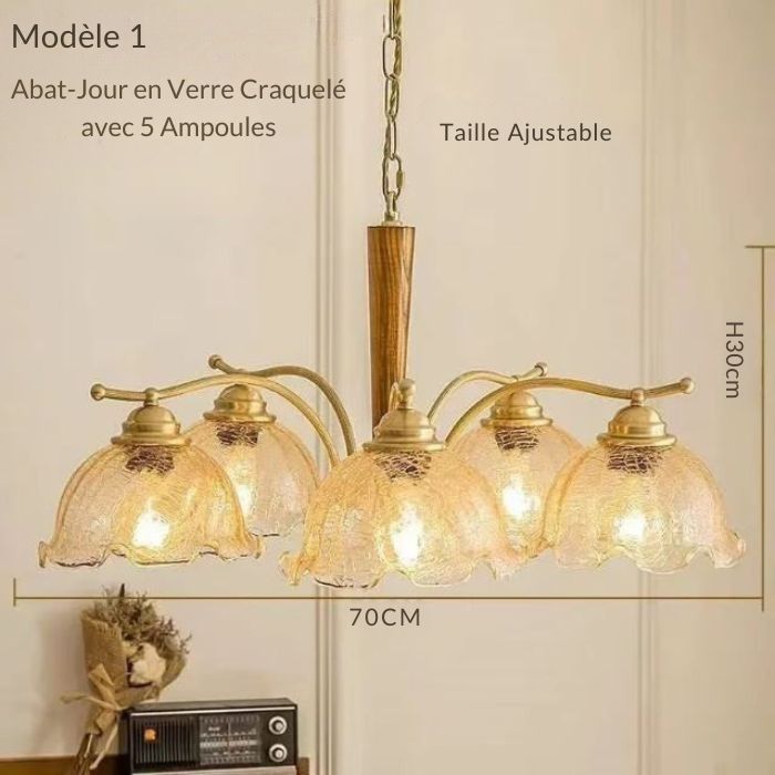Suspension tulipe vintage dorée avec abat-jour en verre craquelé pour une touche rétro.