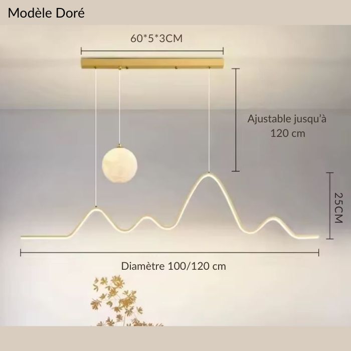 Suspension vague finition dorée avec globe lumineux suspendu, luminaire moderne ajustable jusqu’à 120 cm.