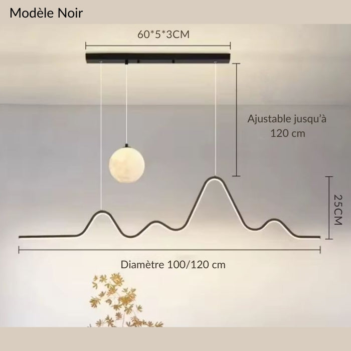 Suspension vague finition noire avec globe lumineux suspendu, structure ondulée ajustable jusqu’à 120 cm.