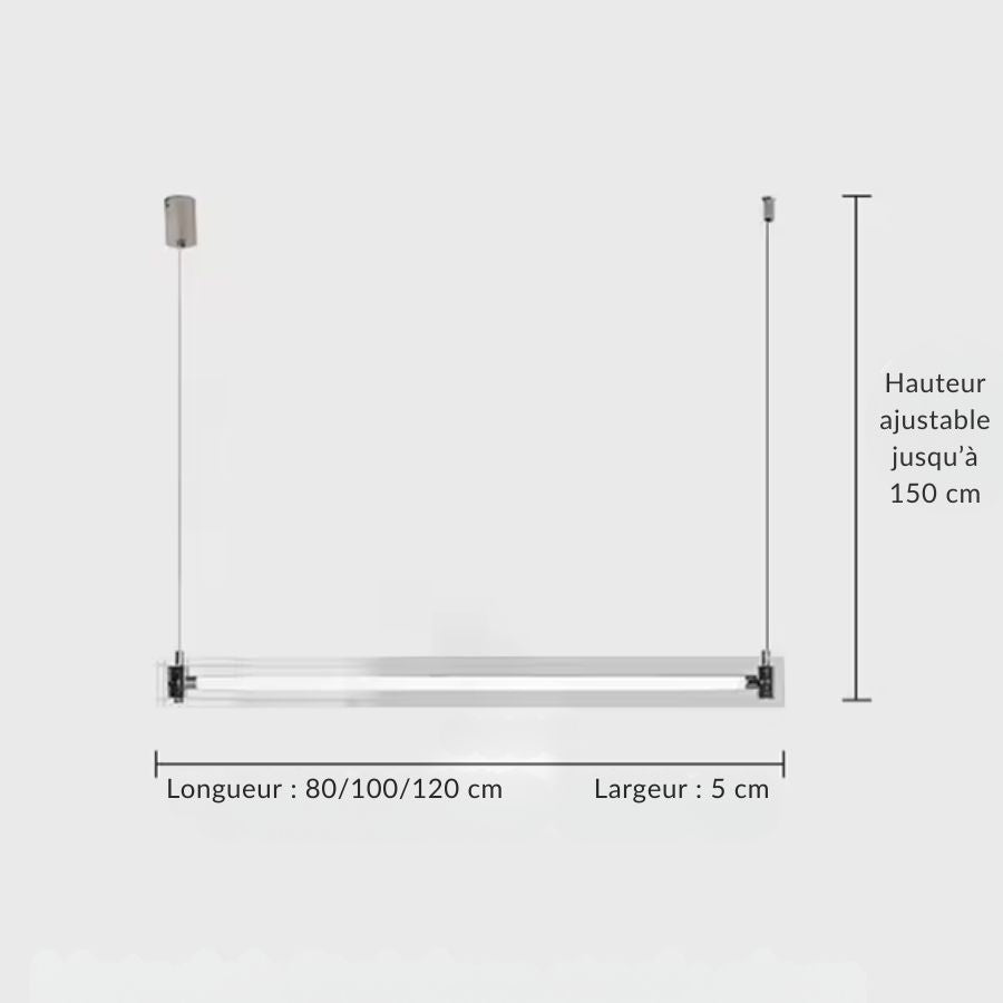 Dimensions du luminaire en verre et acier inoxydable, disponible en 80, 100 ou 120 cm et réglable jusqu’à 150 cm