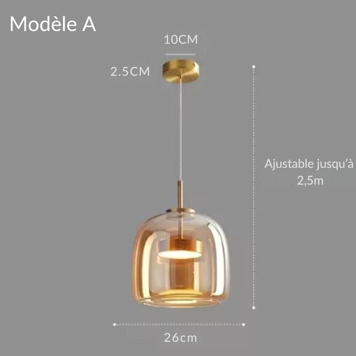 Suspension ajustable en verre ambré au design moderne, modèle A, idéale pour salon ou cuisine contemporaine.