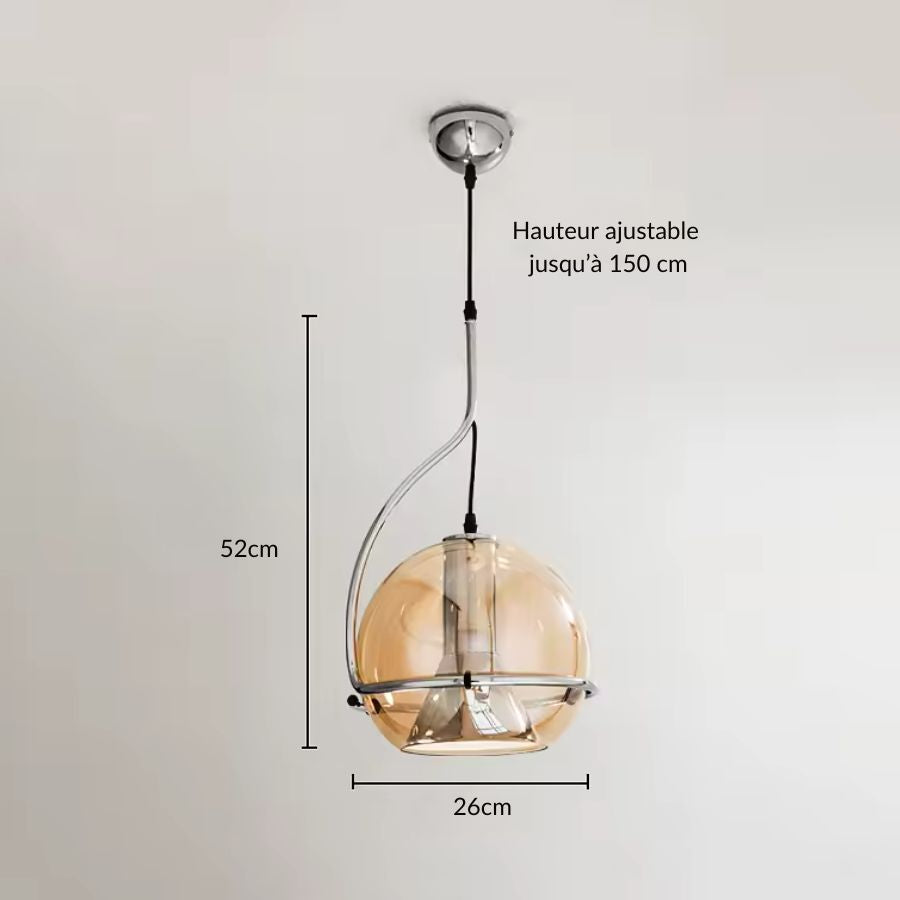 Suspension en verre ambré avec structure chromée, diamètre 26 cm et hauteur ajustable jusqu’à 150 cm