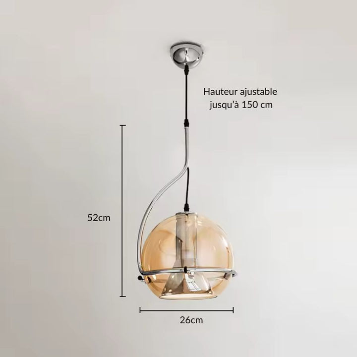 Suspension en verre ambré avec structure chromée, diamètre 26 cm et hauteur ajustable jusqu’à 150 cm