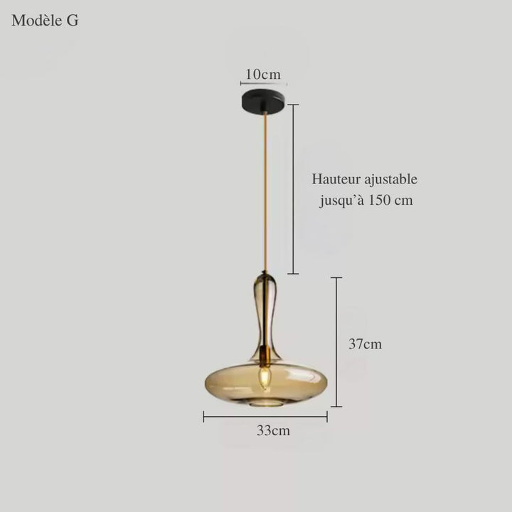 Dessin technique d'une suspension en verre ambré au diffuseur discoïde et col fin, de 37 cm de haut sur 33 cm de large.