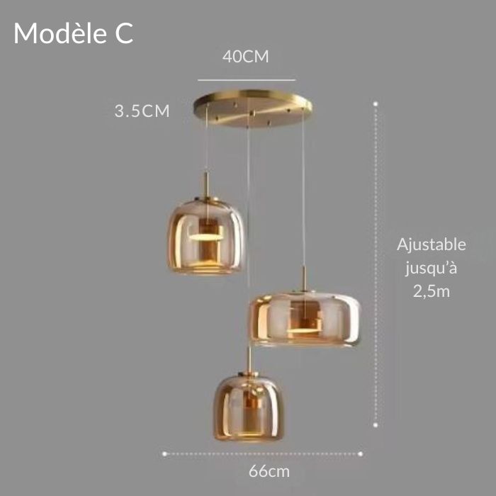 Suspension trio en verre ambré, modèle C, design moderne avec hauteur ajustable, parfaite pour espaces élégants.