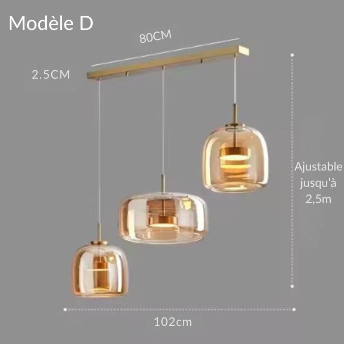 Suspension triple en verre ambré, modèle D, avec barre de fixation moderne et câbles ajustables jusqu’à 2,5m.