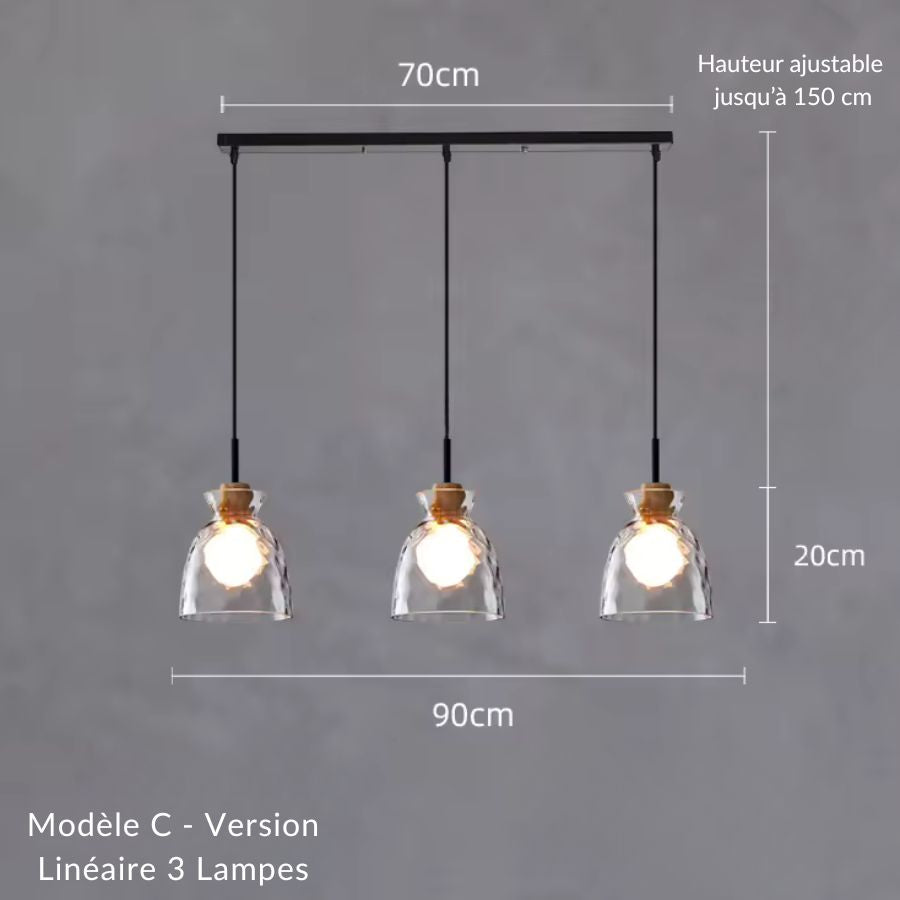 Suspension linéaire 3 lampes en verre ondulé et bois, idéale au-dessus d'un îlot contemporain
