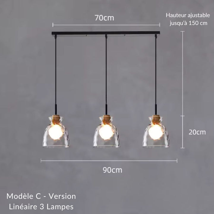 Suspension linéaire 3 lampes en verre ondulé et bois, idéale au-dessus d'un îlot contemporain