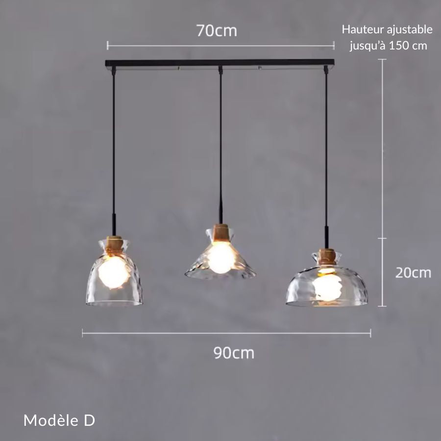 Suspension en verre transparent et bois à trois abat-jour différents, esprit artisanal contemporain